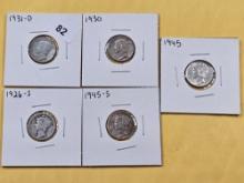 Five Mercury Silver Dimes