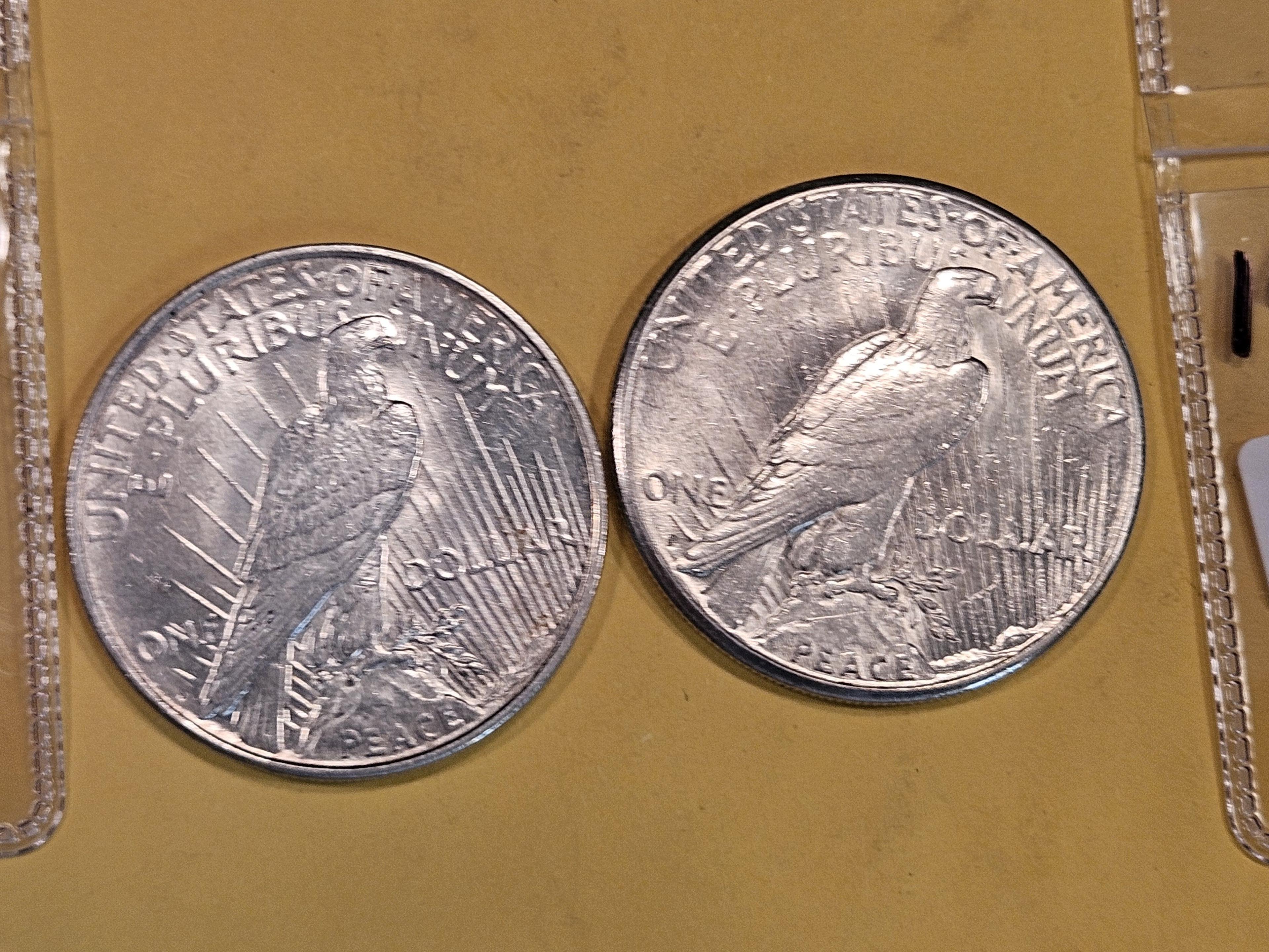 Two Brilliant About Uncirculated plus Peace Silver Dollars