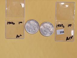Two Brilliant About Uncirculated plus Peace Silver Dollars