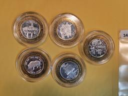 Five GEM Proof Deep Cameo .999 Fine silver Center Casino Gaming Tokens