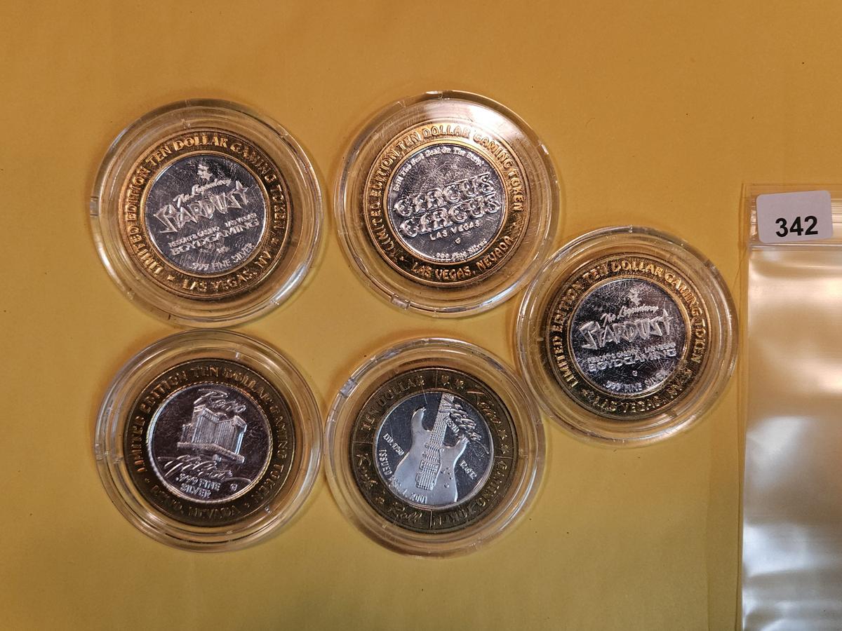 Five GEM Proof Deep Cameo .999 Fine silver Center Casino Gaming Tokens