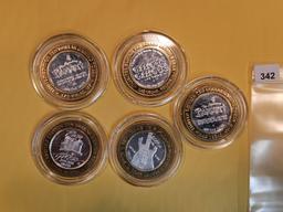 Five GEM Proof Deep Cameo .999 Fine silver Center Casino Gaming Tokens
