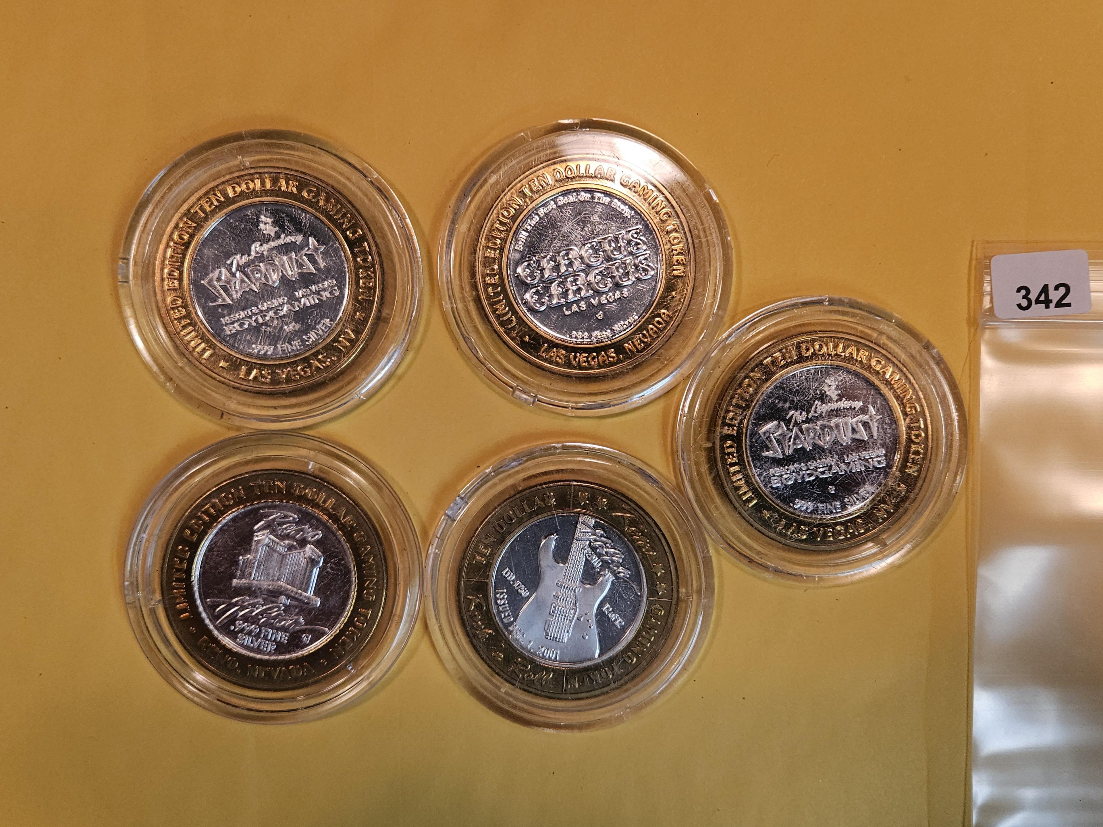 Five GEM Proof Deep Cameo .999 Fine silver Center Casino Gaming Tokens