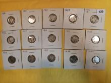 Fifteen mixed silver Mercury Dimes