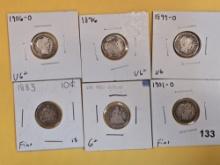 Six mixed silver Dimes