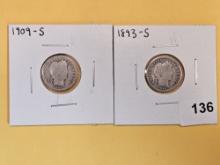 Two Semi-Key Barber silver Dimes