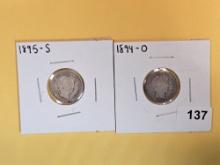 Two Semi-Key Barber silver Dimes