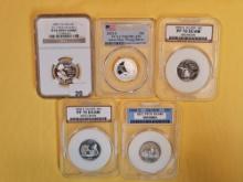 Five, Graded, GEM Proof Deep Cameo Silver Washington Quarters