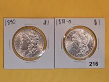 Two Brilliant About Uncirculated plus Morgan Silver Dollars