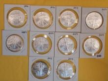Ten GEM Brilliant Uncirculated American Silver Eagles