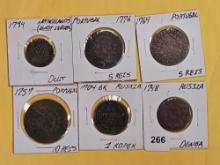 Six, older, mixed World copper coins