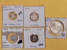 Five mixed, silver, World coins
