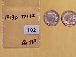 Two Buffalo Nickels in Bright About Uncirculated - 58