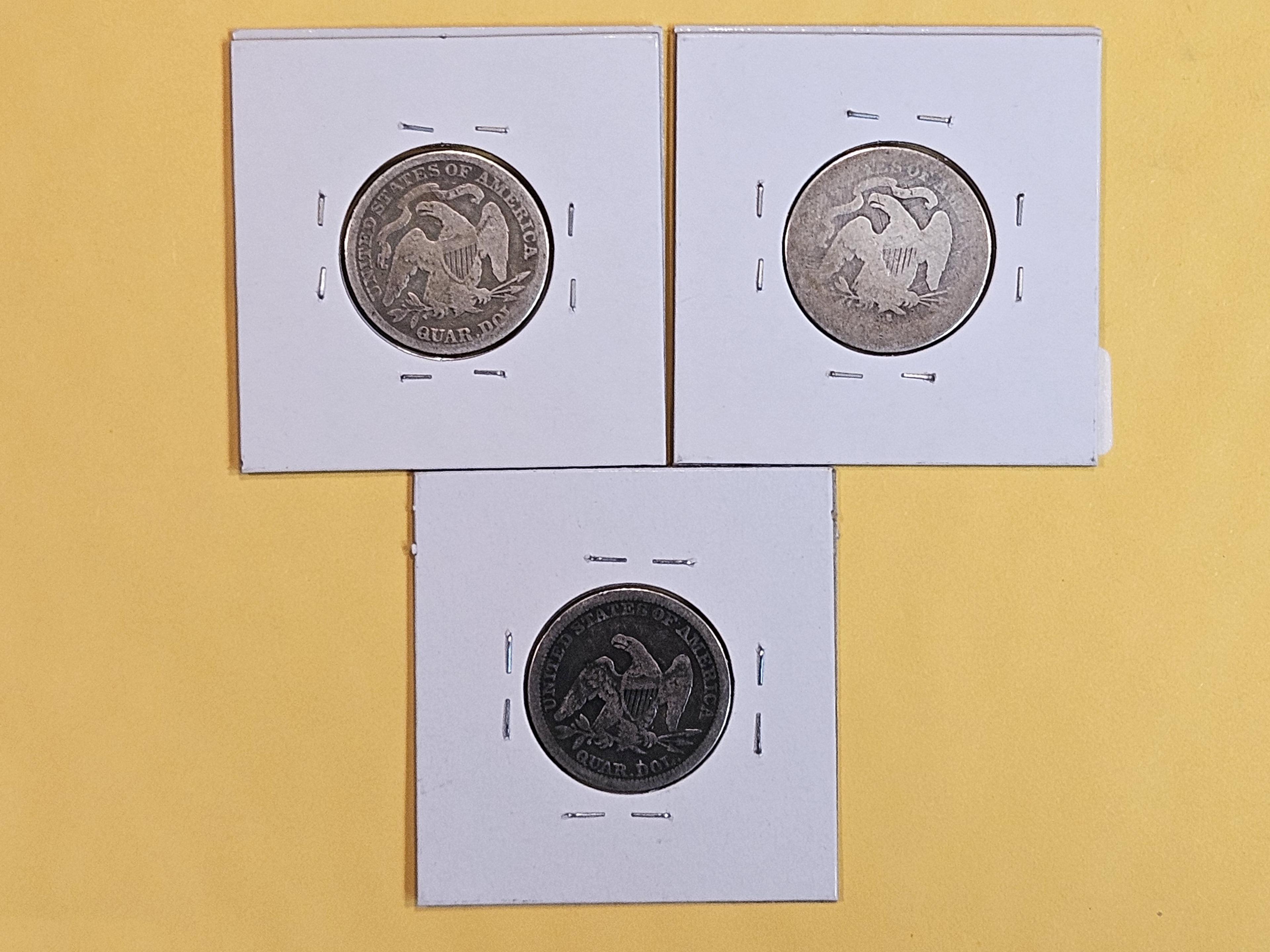 Three Seated Liberty Quarters in AG to Good plus