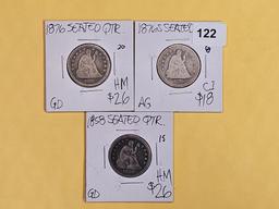 Three Seated Liberty Quarters in AG to Good plus