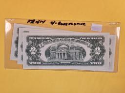 Four Consecutive Crisp Uncirculated Two Dollar Red Seal US Notes