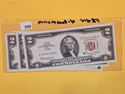Four Consecutive Crisp Uncirculated Two Dollar Red Seal US Notes