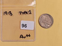 Semi-Key 1913-S Type 1 Buffalo Nickel in About Uncirculated ++