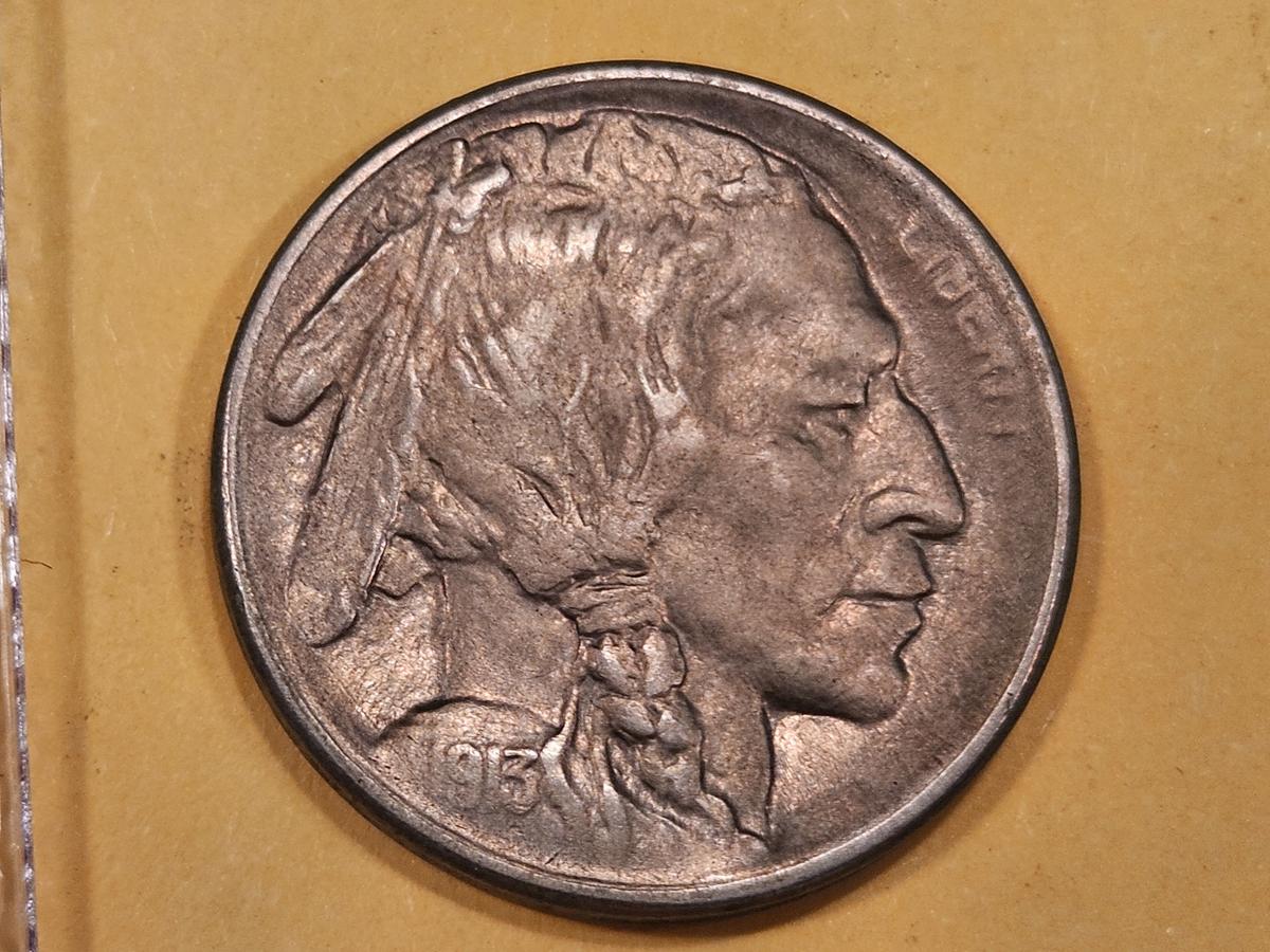 Semi-Key 1913-S Type 1 Buffalo Nickel in About Uncirculated ++