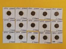 Fifteen cool, mixed, German coins