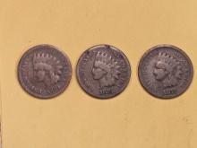 Three better date Indian cents in Good to Very Good