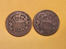 1864 and 1865 Two cent pieces