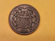 1865 Two Cent piece in Extra Fine
