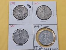 Three Circulated and One Uncirculated Silver walking Liberty Half Dollars