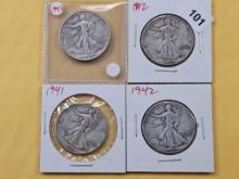 Four Circulated Walking Liberty Half Dollars