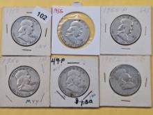 Six Circulated Franklin Silver Half Dollars