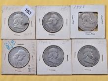 Six Circulated Franklin Silver Half Dollars