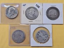 Four Different Types of Circulated US Silver Half Dollars and one Clad