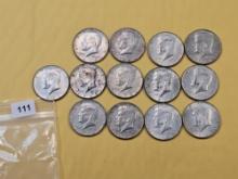 Thirteen 1966-1969 Kennedy Silver Half Dollars