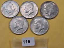 Five Uncirculated 90% Silver Kennedy Half Dollars