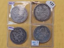 Four Circulated Morgan Silver Dollars