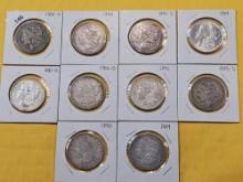 Ten Morgan Silver Dollars