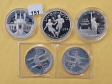 Five Commemorative Proof Silver Dollars