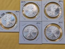 Five GEM Brilliant Uncirculated American Silver Eagles