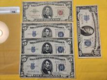 Four Silver Certificates and a United States Note