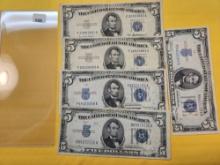 Five Circulated 5 Dollar Silver Certificates