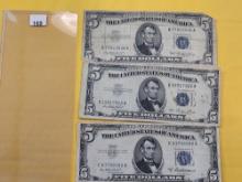 Three Circulated Five Dollar Silver Certificates