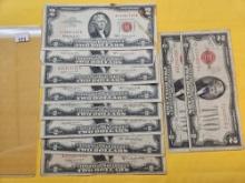 Ten Red Seal Two Dollar Federal Reserve Notes