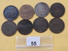 Eight Circulated Two Cent Pieces