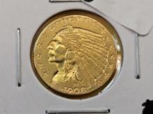GOLD! Brilliant About Uncirculated 1908 Gold Indian 2.5 Dollars