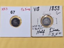 Two 1853 Arrows Seated Liberty Half Dimes