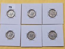 Six Brilliant Uncirculated Mercury Silver Dimes