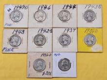 Ten Mixed Years Washington Silver Quarters