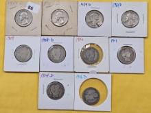 Ten Mixed, Circulated US Silver Quarters
