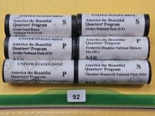 Six Brilliant Uncirculated Bank -Wrapped Rolls of America the Beautiful Quarters