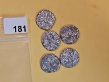 Five silver coins from the Ottoman Empire